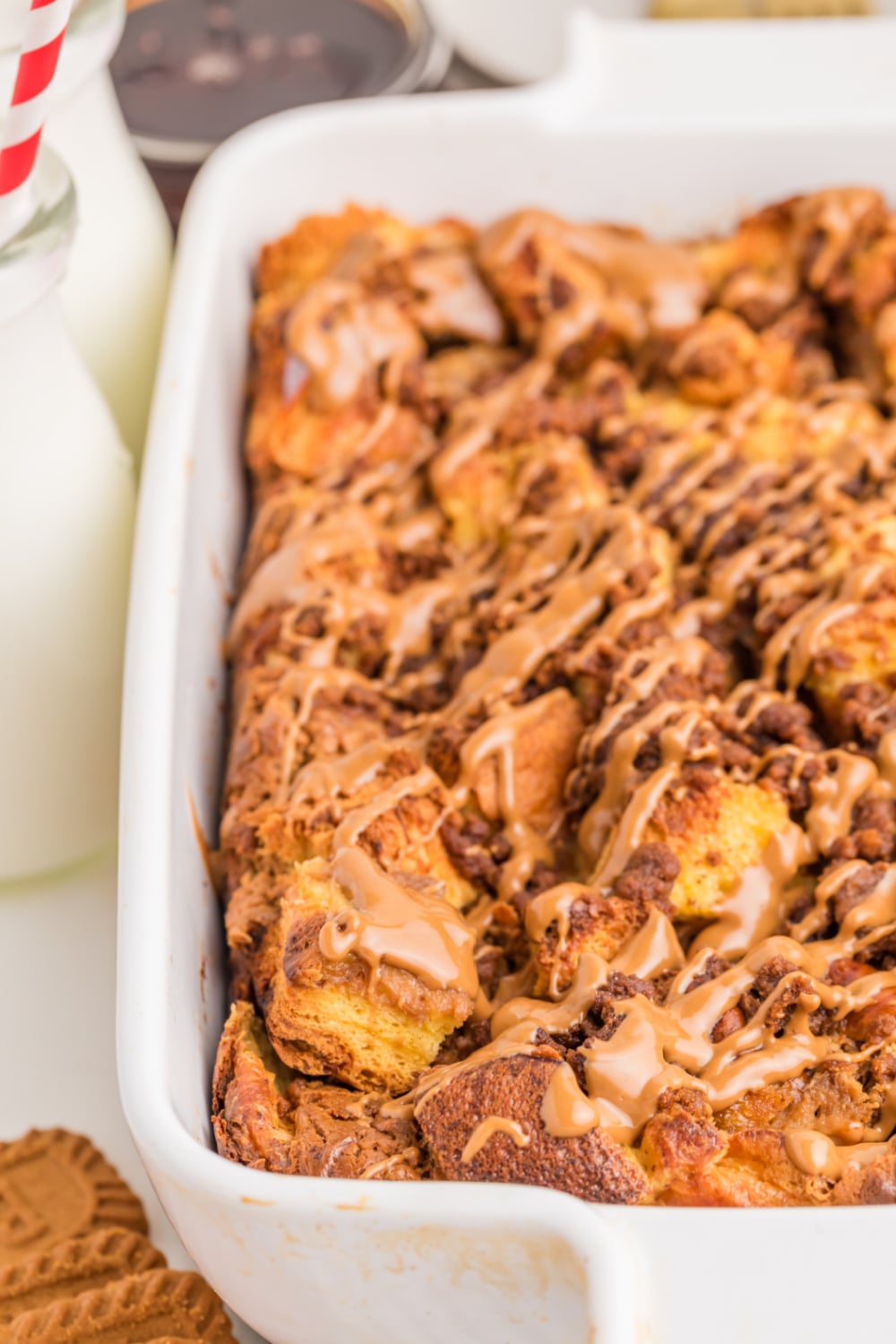 Biscoff Stuffed French Toast Casserole in a baking dish