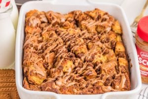 Biscoff Stuffed French Toast Casserole in a baking dish