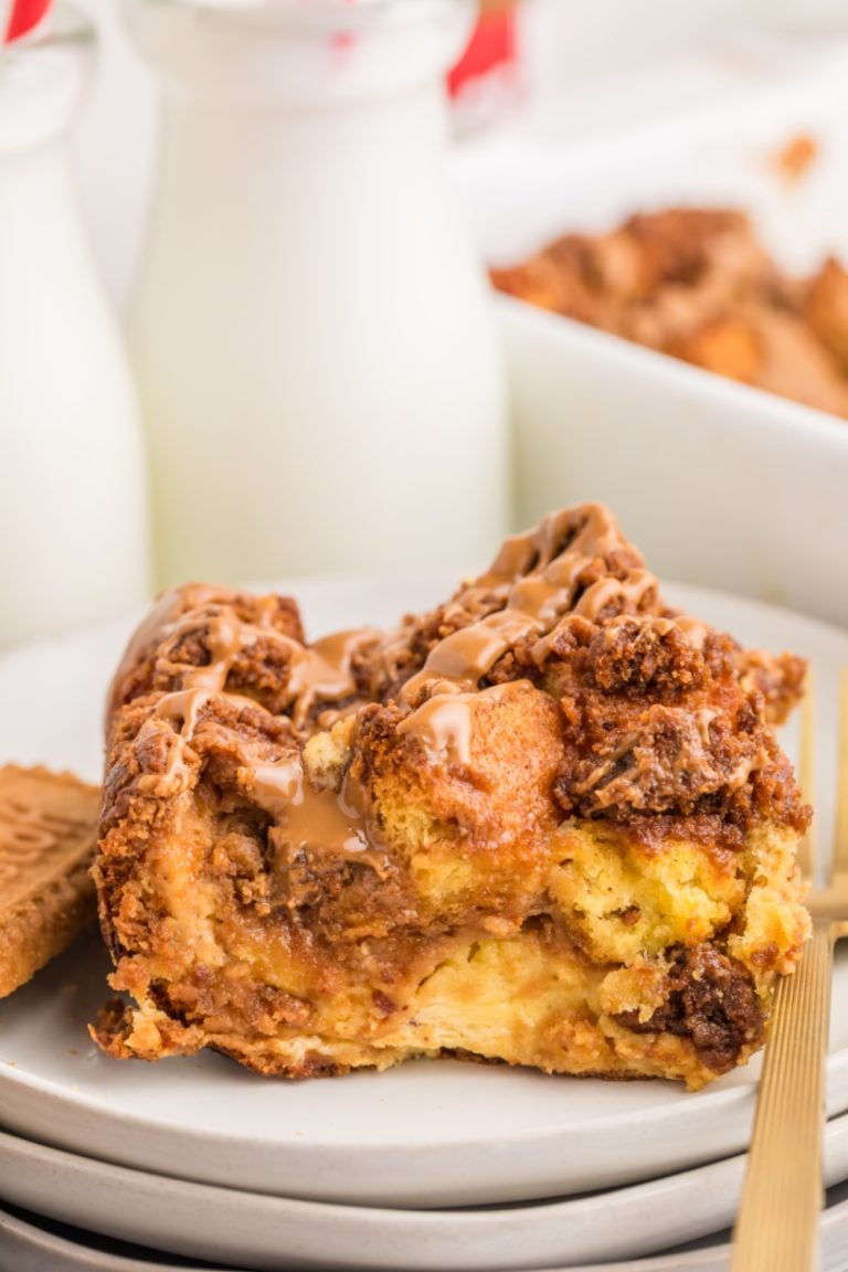 Biscoff Stuffed French Toast Casserole on a plate