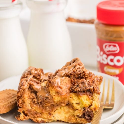 Biscoff Stuffed French Toast Casserole on a plate