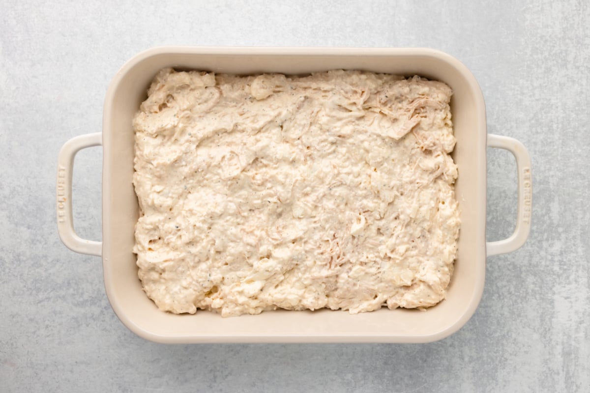 chicken mixture in prepared baking dish