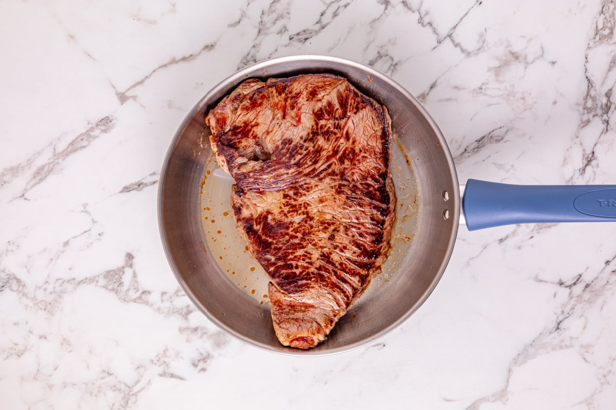searing meat in a pan
