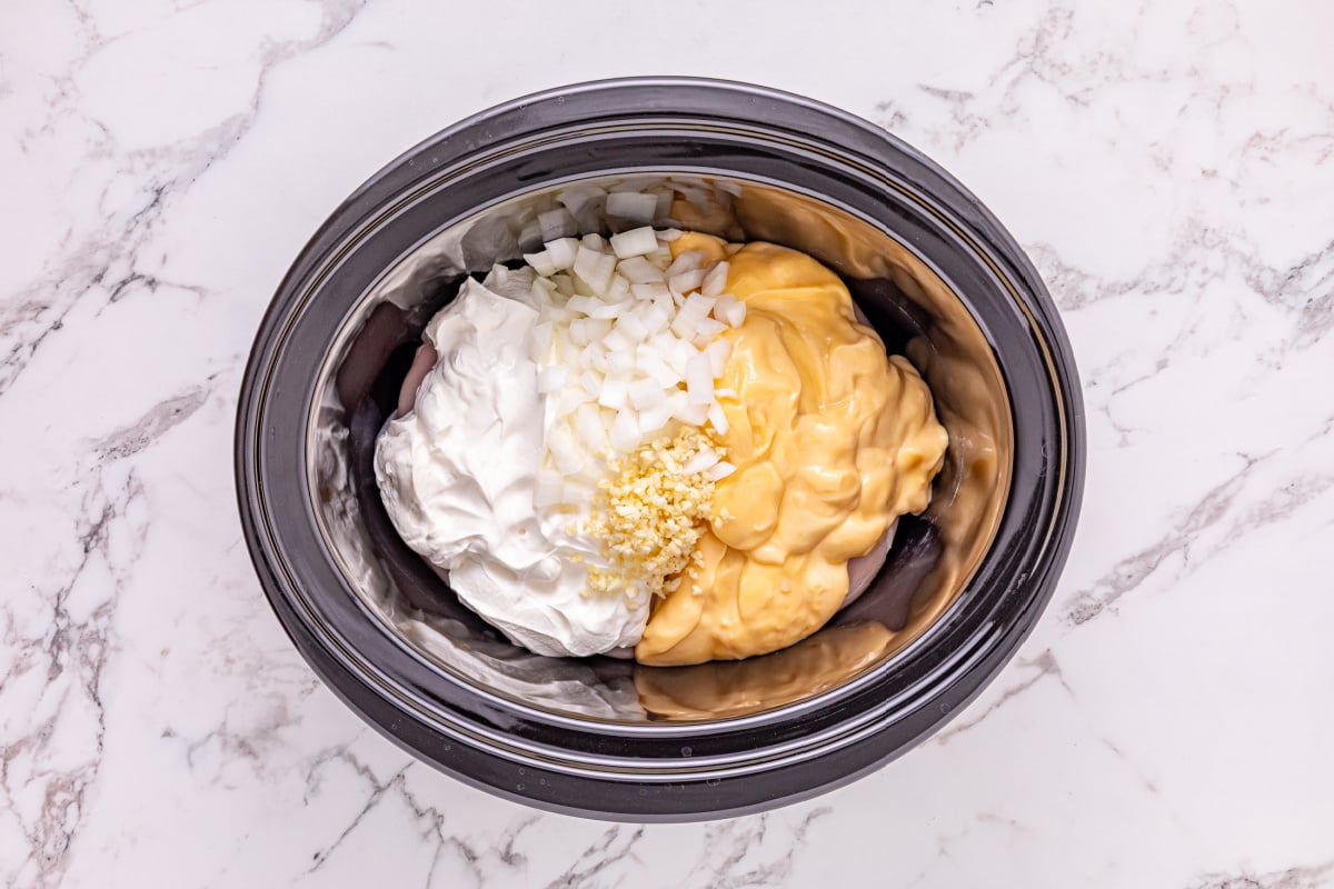 cream of chicken soup, sour cream, onion, and garlic added to slow cooker
