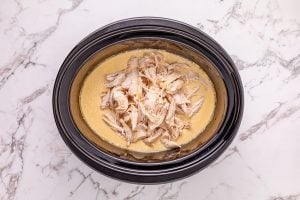 shredded chicken placed in slow cooker