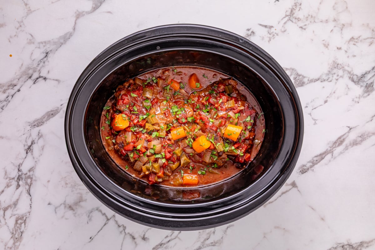 Slow Cooker Swiss Steaks in a slow cooker