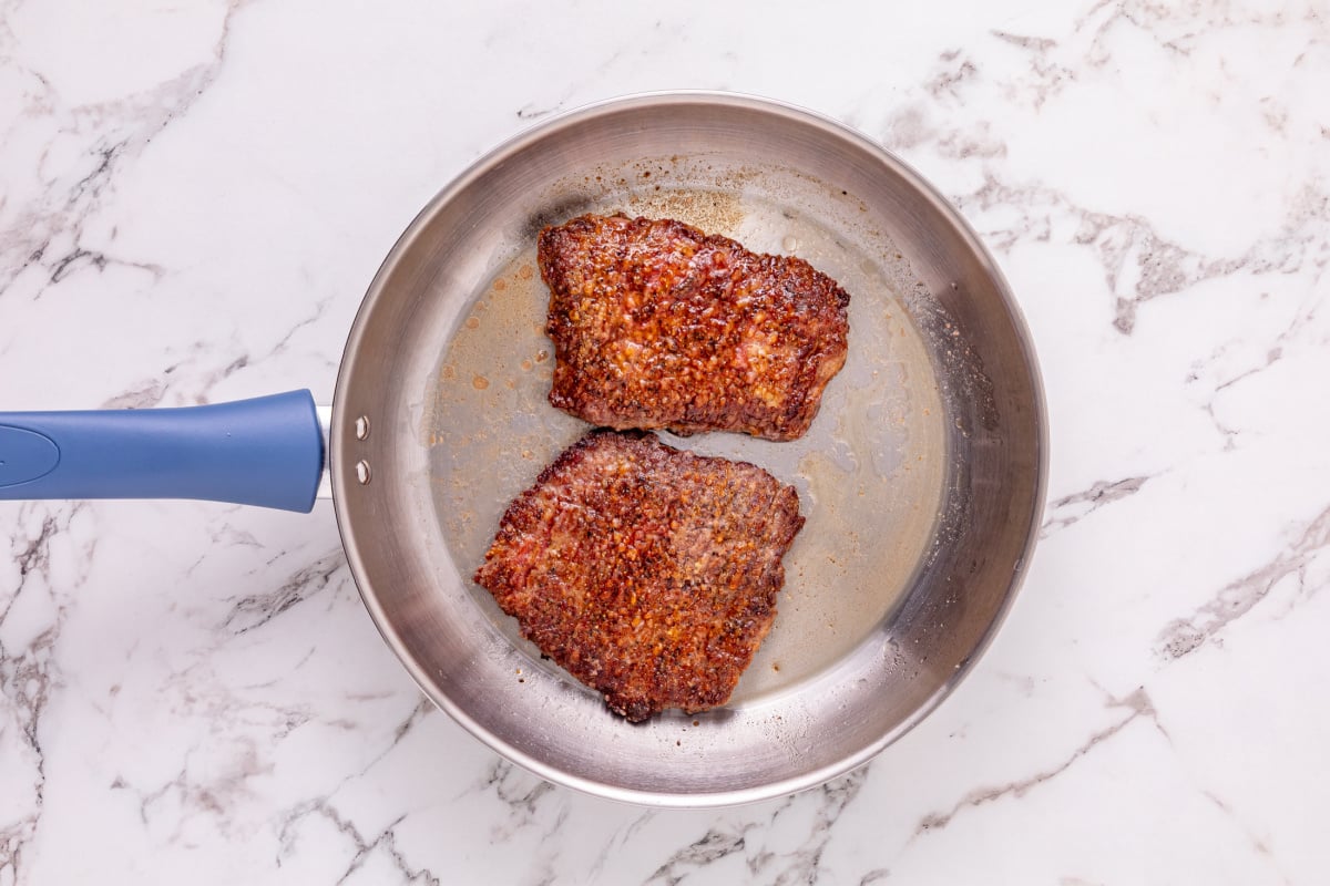 browning steaks in pan