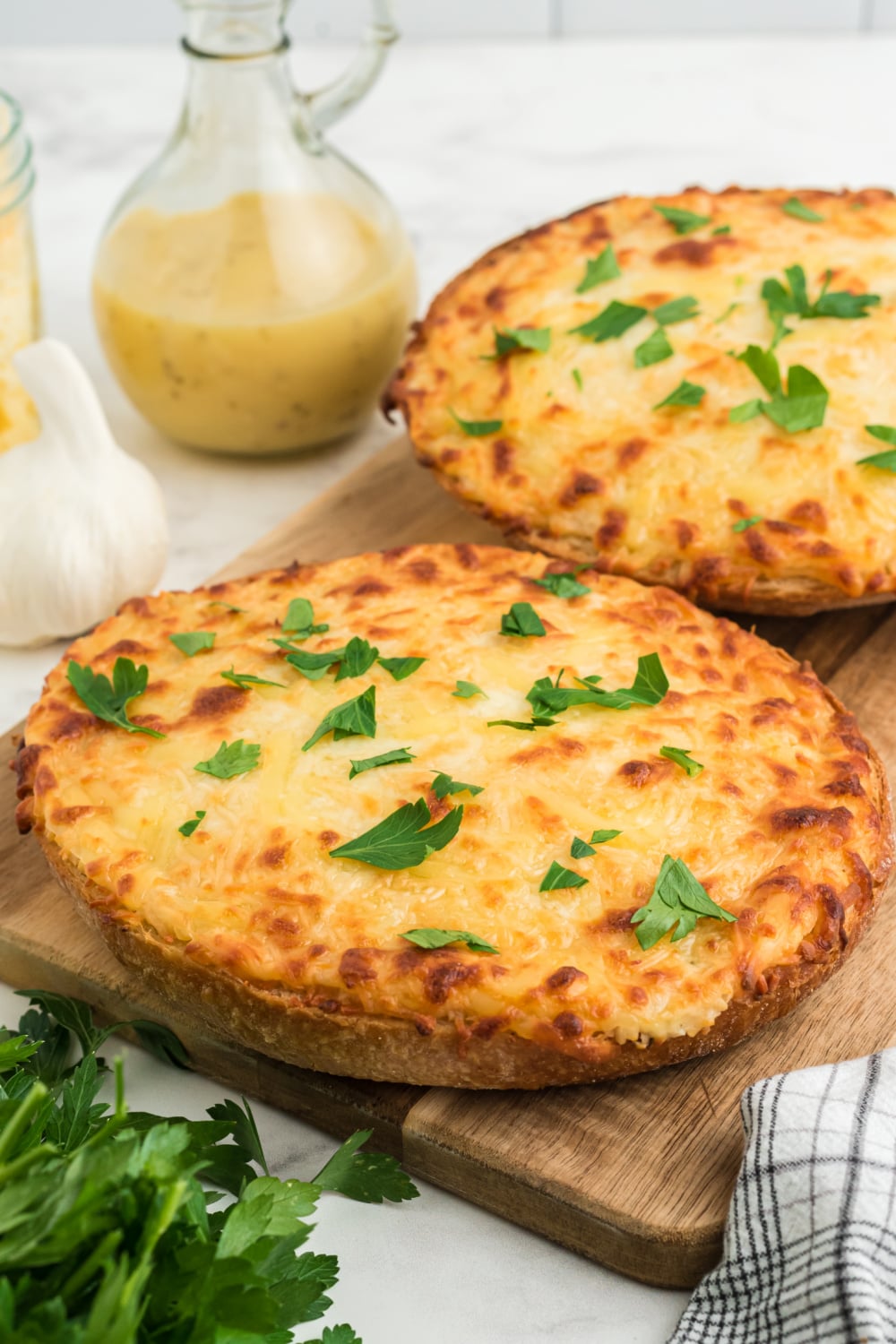 Three Cheese Garlic Bread non a cutting board