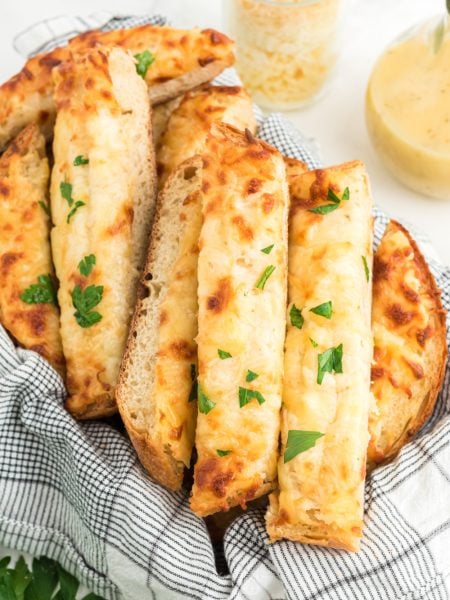 Three Cheese Garlic Bread sliced in a basket