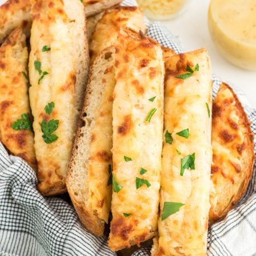 Three Cheese Garlic Bread sliced in a basket