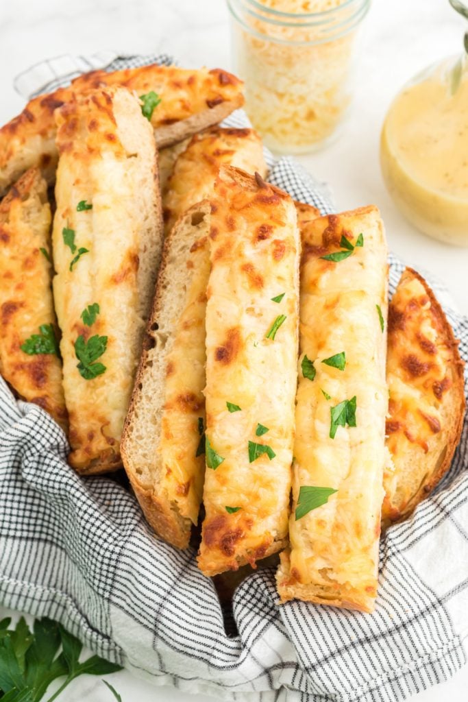 Three Cheese Garlic Bread sliced in a basket