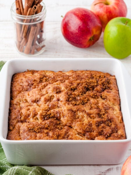 apple coffee cake in a baking dish