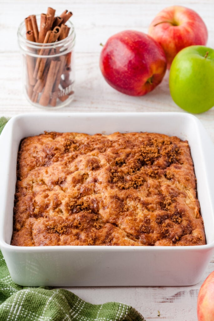 apple coffee cake in a baking dish