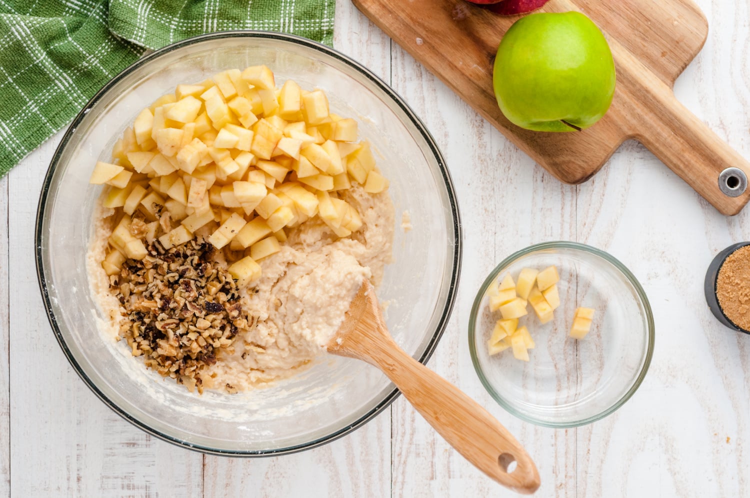 diced apples and chopped walnuts added to batter