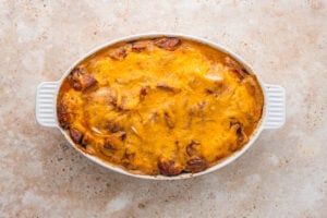 cooked Easy Pierogi Casserole with Kielbasa in a baking dish