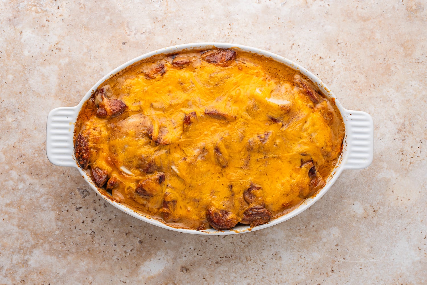cooked Easy Pierogi Casserole with Kielbasa in a baking dish
