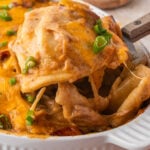 Easy Pierogi Casserole with Kielbasa in a casserole dish