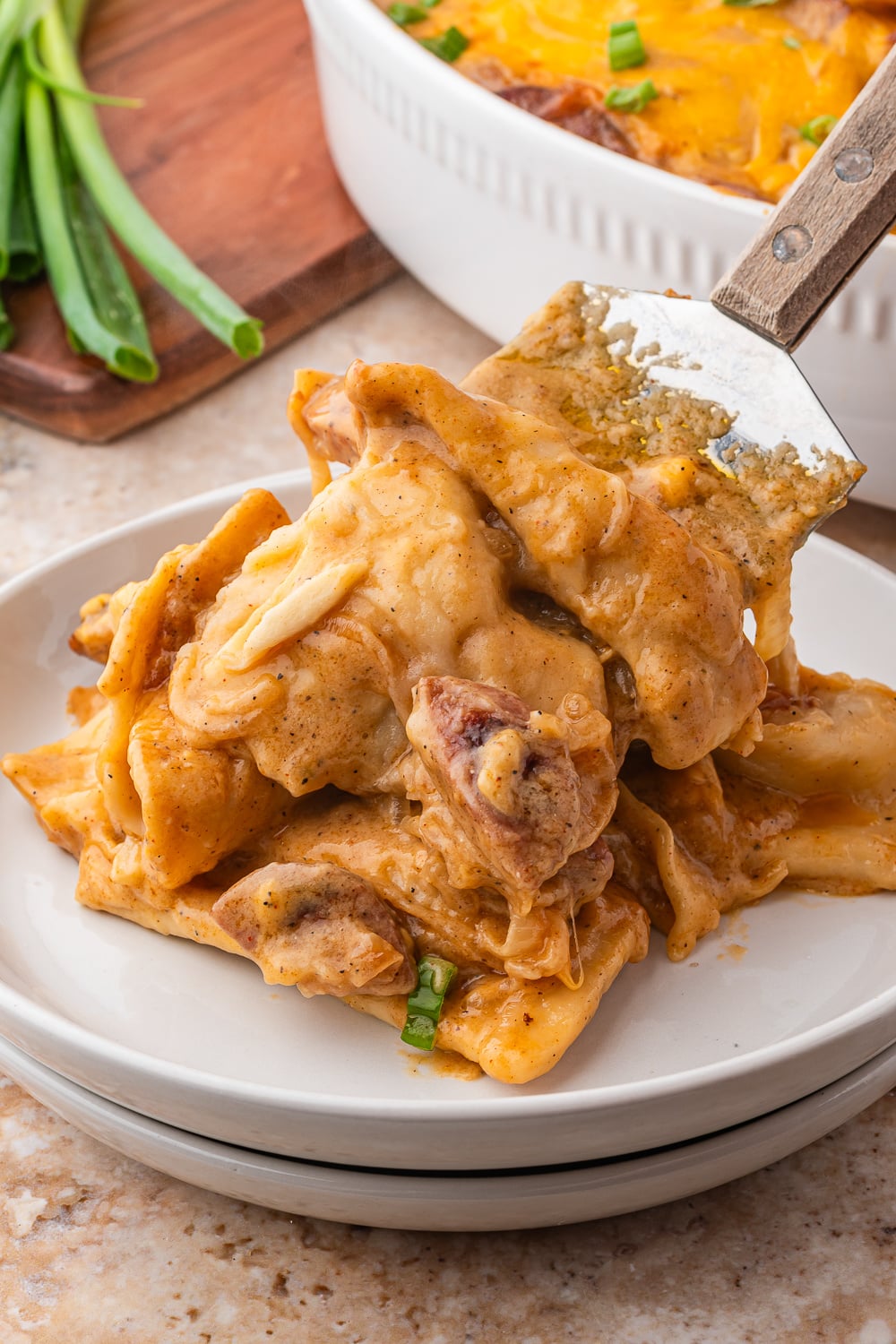 Easy Pierogi Casserole with Kielbasa on a plate