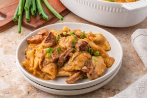 Easy Pierogi Casserole with Kielbasa on a plate