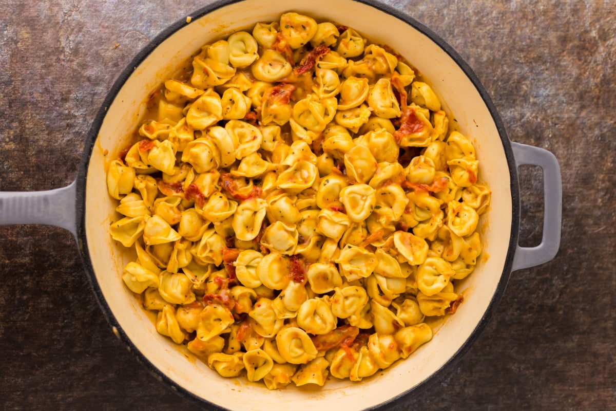 tortellini added to pan