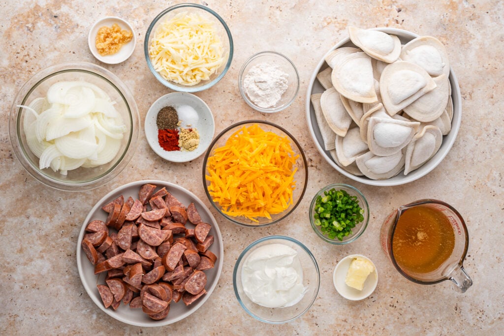 ingredient for Easy Pierogi Casserole with Kielbasa