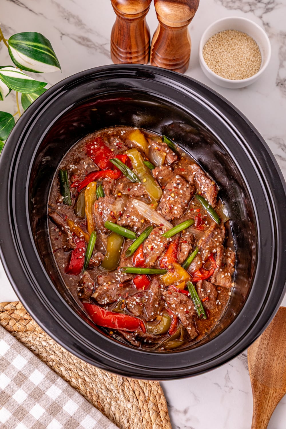 Slow Cooker Pepper Steak in a crock pot