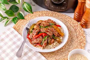 Slow Cooker Pepper Steak on a plate