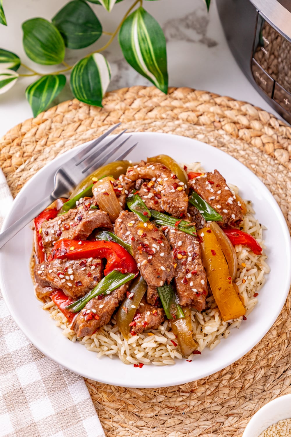 Slow Cooker Pepper Steak on a plate