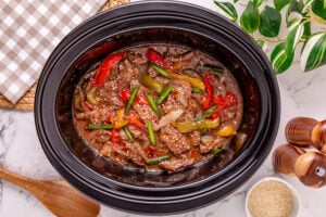 Slow Cooker Pepper Steak in a crock pot