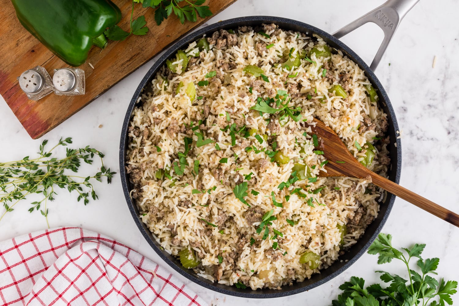Dirty Rice with Sausage in a pan