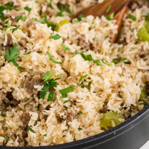 Dirty Rice with Sausage in a pan
