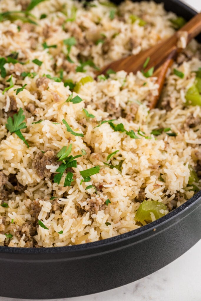 Dirty Rice with Sausage in a pan