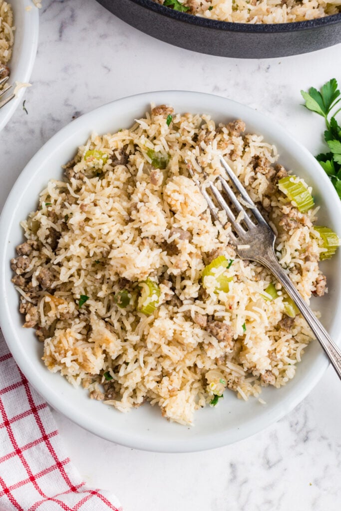 Dirty Rice with Sausage on a plate