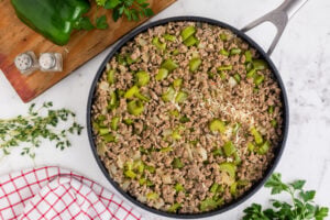 cooked Dirty Rice with Sausage in a pan