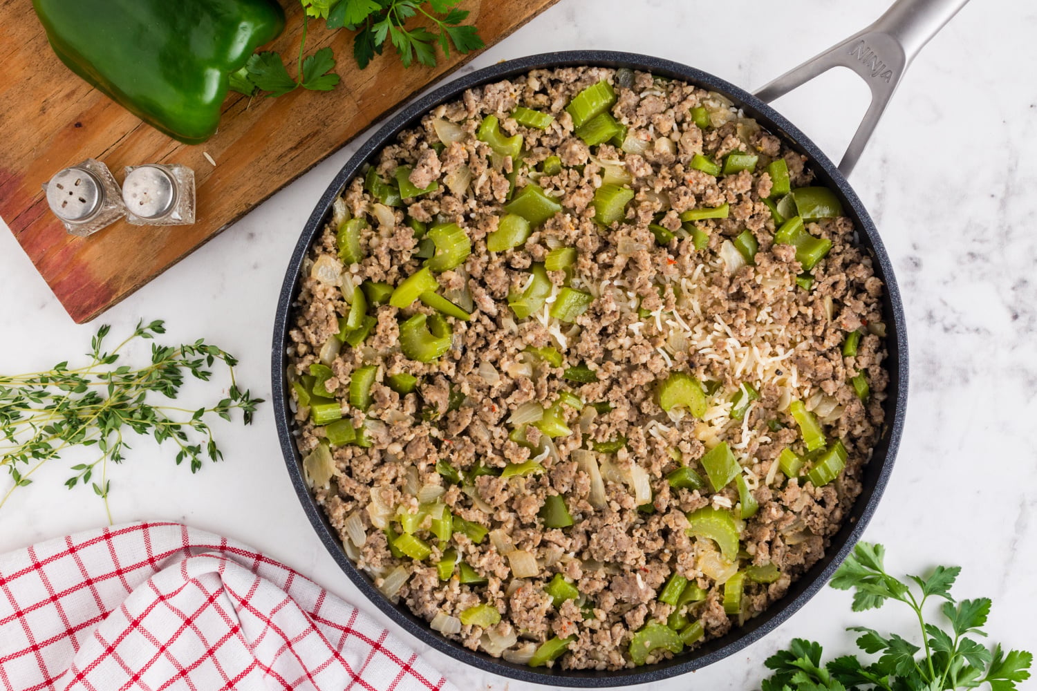 cooked Dirty Rice with Sausage in a pan