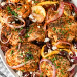 Greek Chicken Thighs on a serving platter