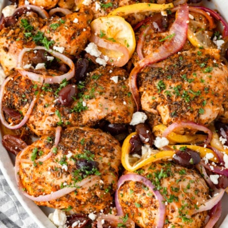 Greek Chicken Thighs on a serving platter