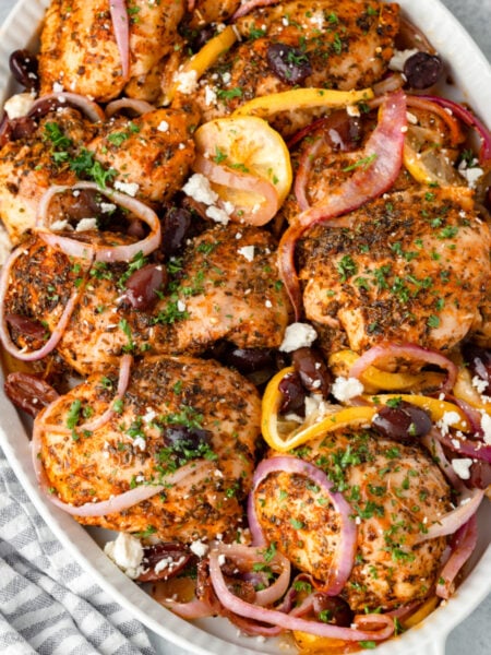 Greek Chicken Thighs on a serving platter