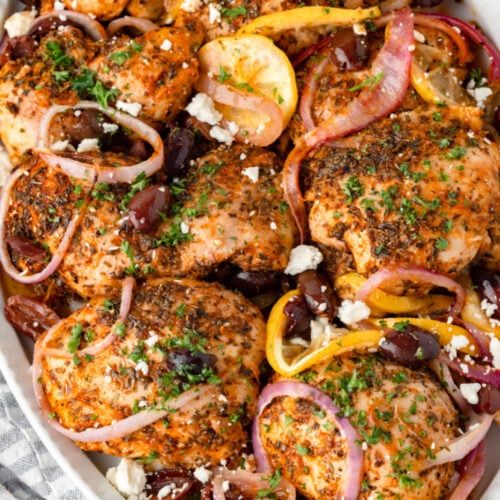 Greek Chicken Thighs on a serving platter