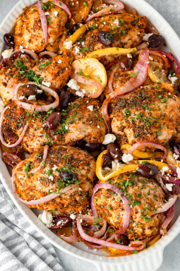 Greek Chicken Thighs on a serving platter