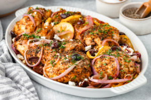 Greek Chicken Thighs on a serving platter