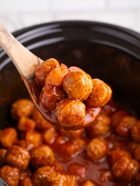 Slow Cooker 3 Ingredient Hawaiian Meatballs in a crockpot