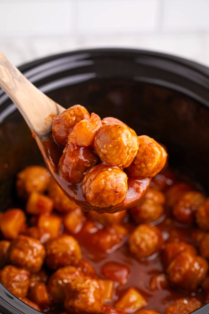 Slow Cooker 3 Ingredient Hawaiian Meatballs in a crockpot