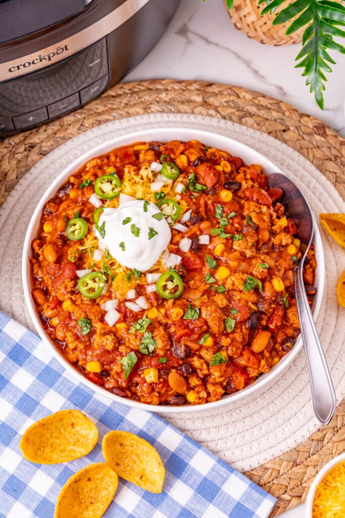 Slow Cooker Ground Turkey Chili in a bowl