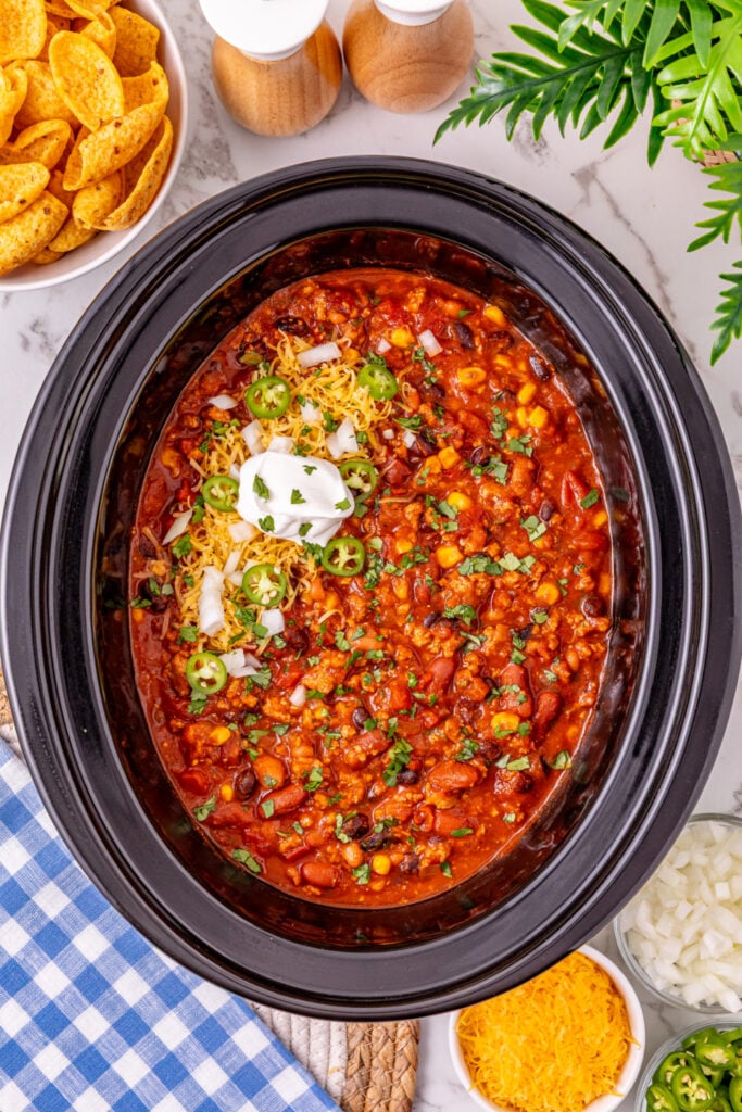 Slow Cooker Ground Turkey Chili in a crockpot