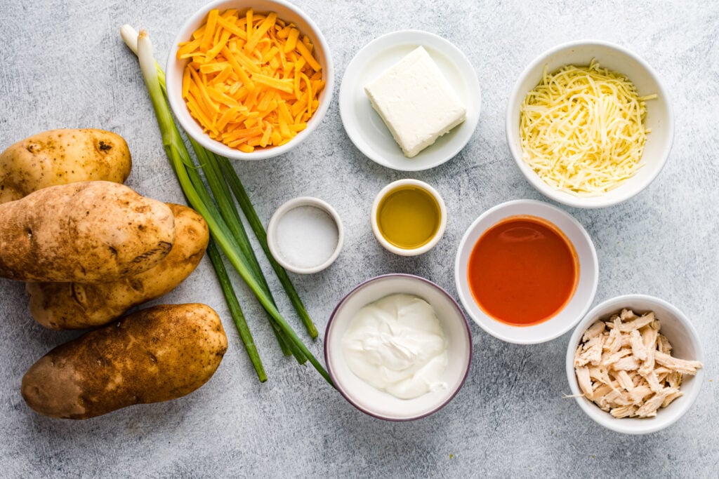 ingredients for Buffalo Chicken Stuffed Potatoes