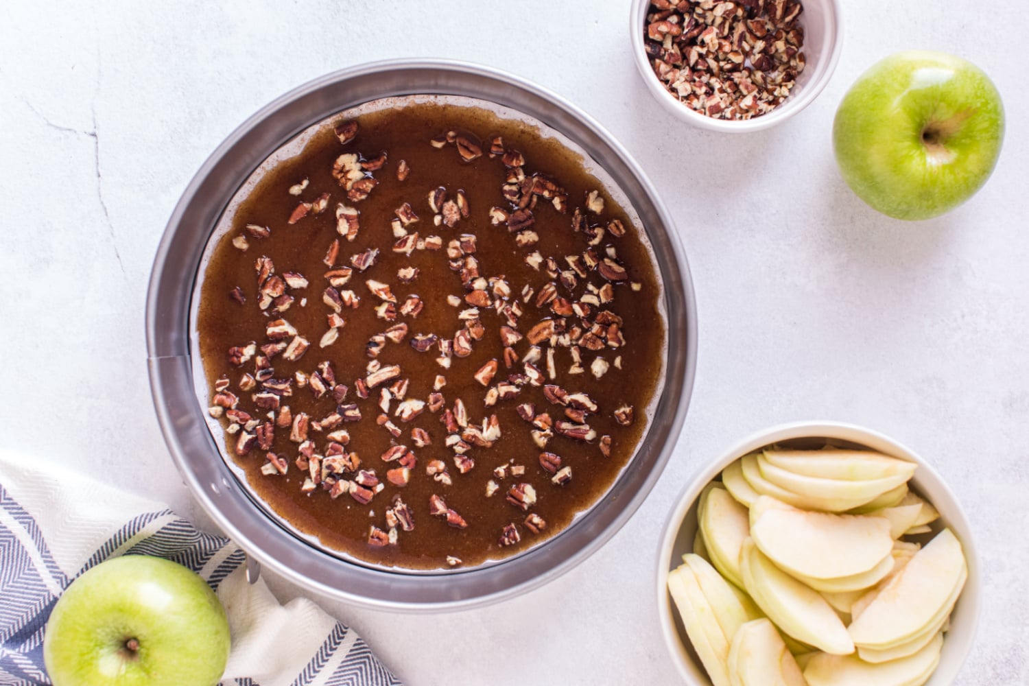 chopped nuts added to caramel mixture