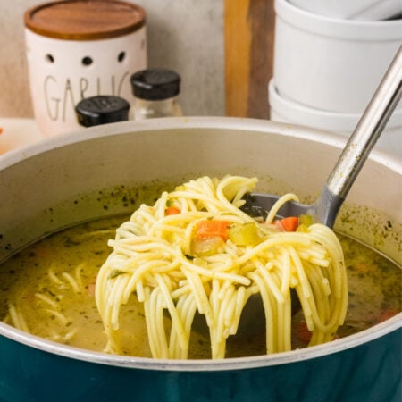 Classic Vegetable Noodle Soup in a pot wiht a laddle