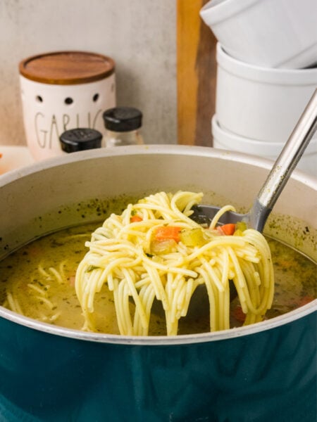 Classic Vegetable Noodle Soup in a pot wiht a laddle