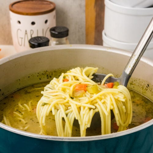 Classic Vegetable Noodle Soup in a pot wiht a laddle