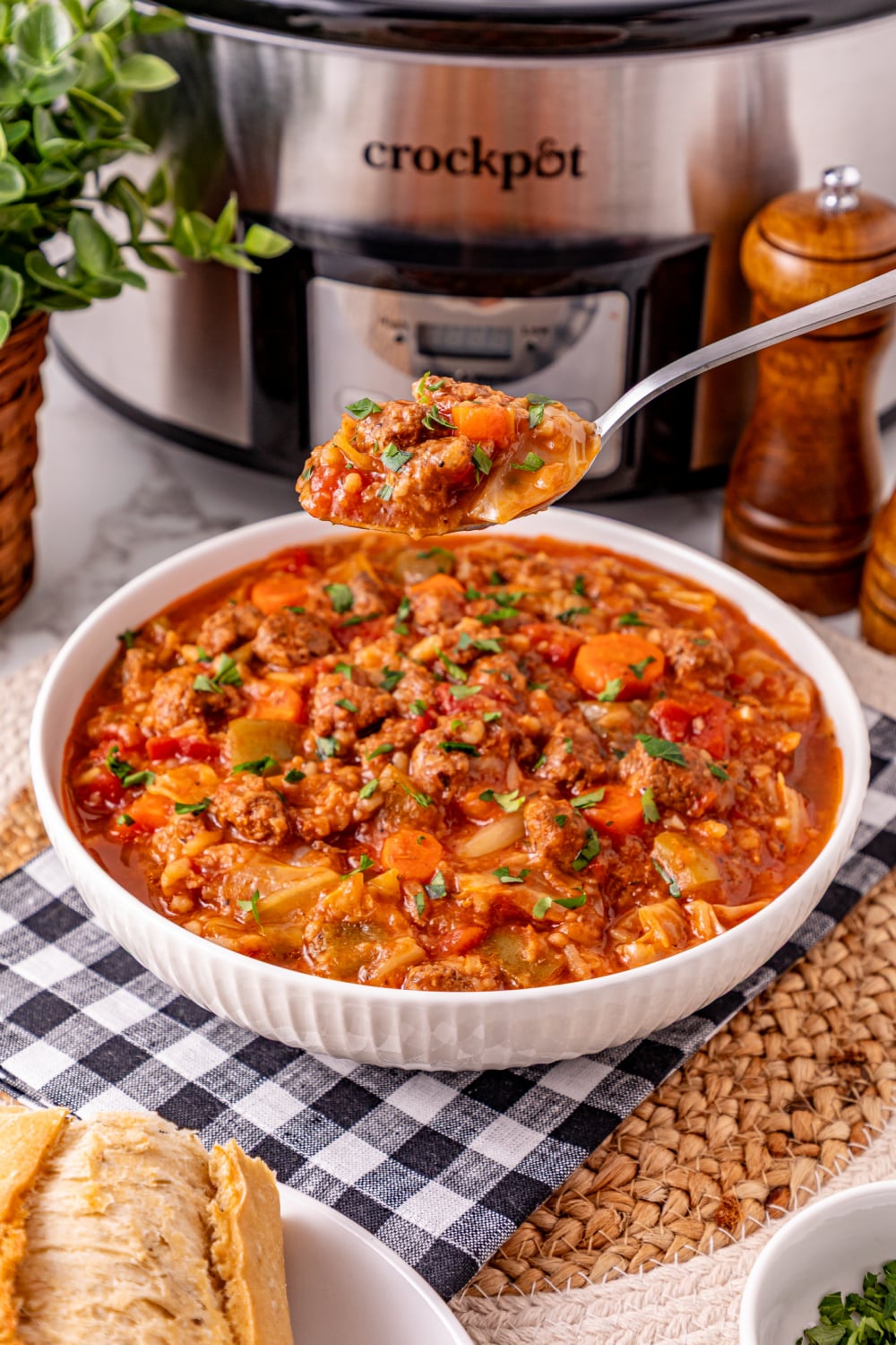 Slow Cooker Cabbage Roll Soup on a bowl